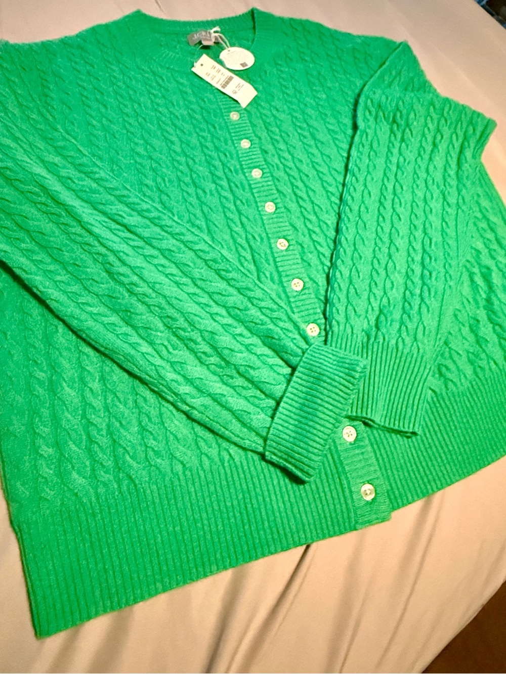 J Crew XL Cashmere Green Cable-Knit Button-Front Sweater Cardigan